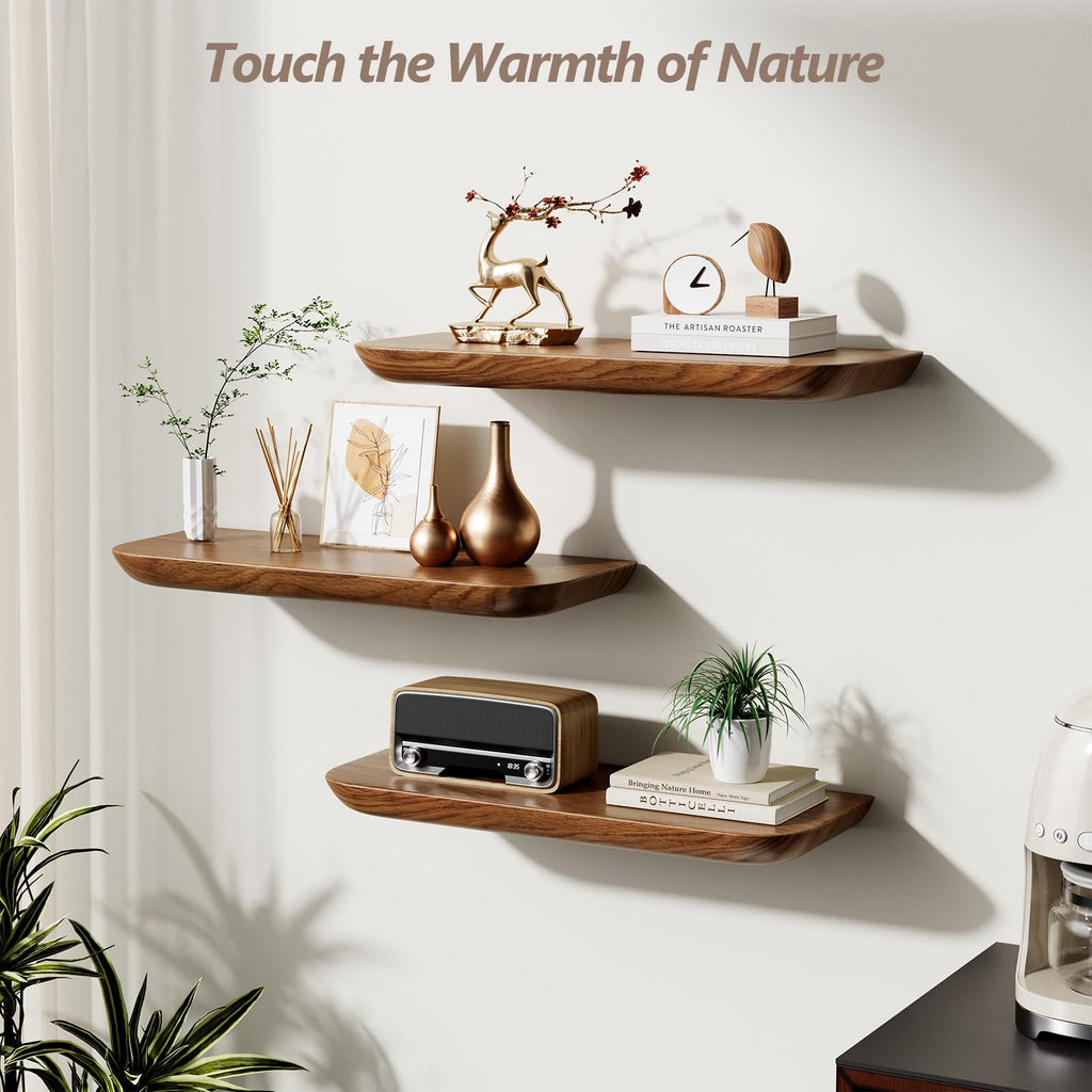 Solid Walnut Floating Shelves for Wall 16.5 Inch Set of 2, Round Edge Wall Mounted Shelf, Rustic Farmhouse Wooden