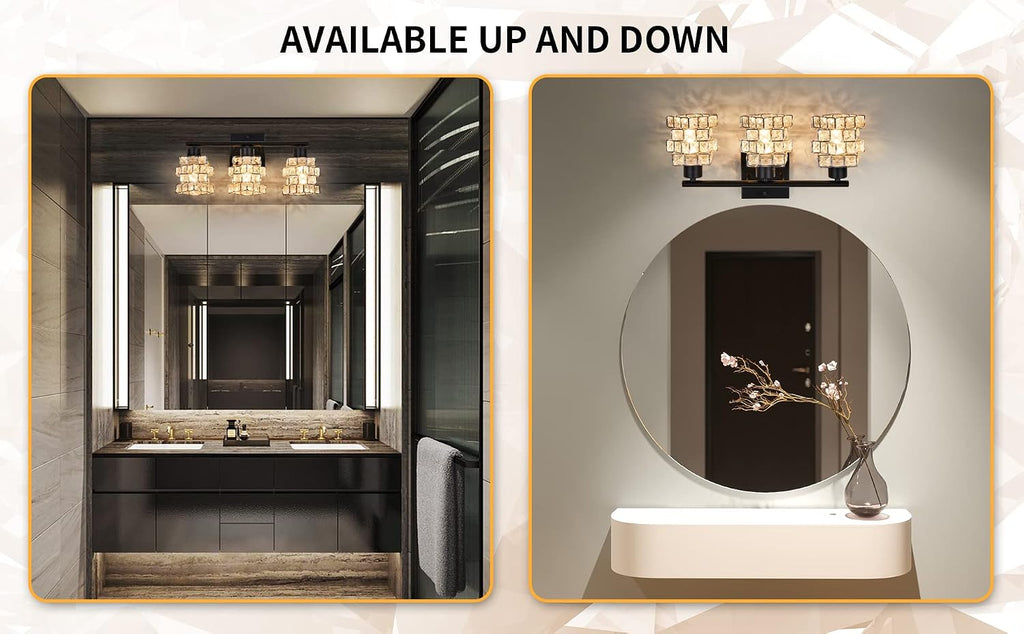 3 Lights Bathroom Vanity Light, Crystal Bathroom Light Fixture Over Mirror, Matte Black & Crystal Rotateable Indoor