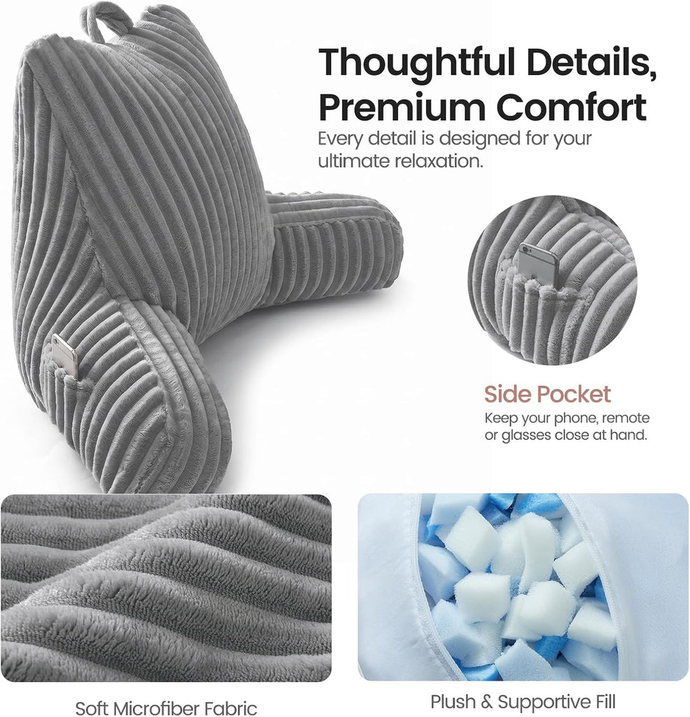 Reading Pillow for Sitting up in Bed, Adjustable Memory Foam Bed Rest Pillow, Wide-wale Plush Cover Machine Washable