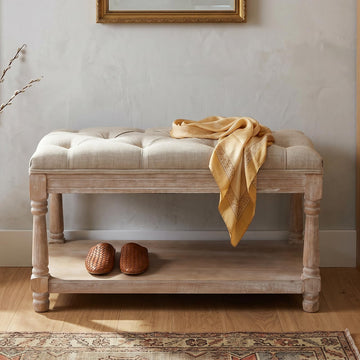 Storage Bench 31.5" W Button Tufted Small Entryway Bench with Wooden Shoes Rack End of Bed Bench with Fabric Linen