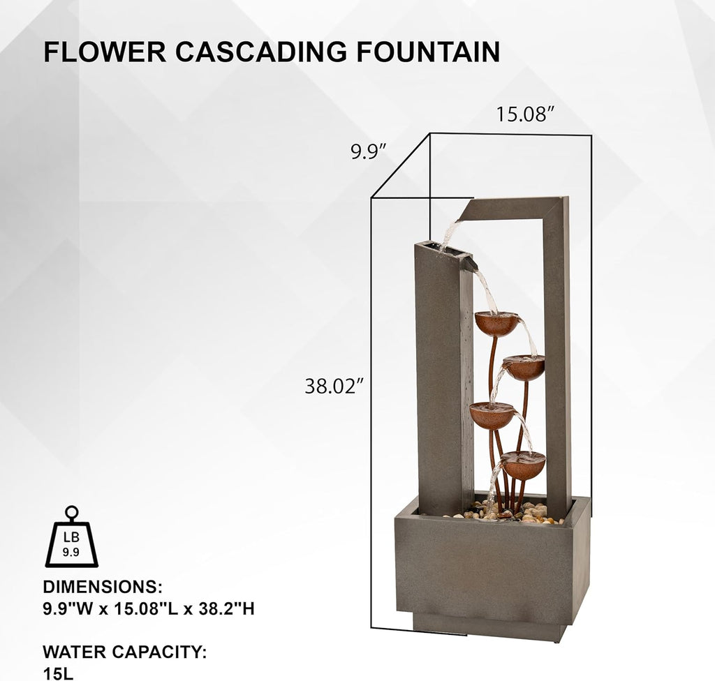 38" Tall Gray and Bronze Metal Sculptural Flower Multi-Tier Freestanding Water Fountain for Indoor & Outdoor Use
