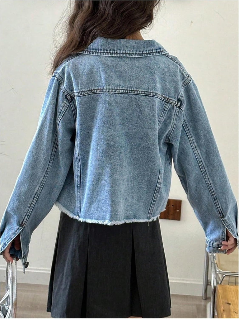Girl's Crop Denim Jacket Long Sleeve Jean Jacket Fall Outerwear