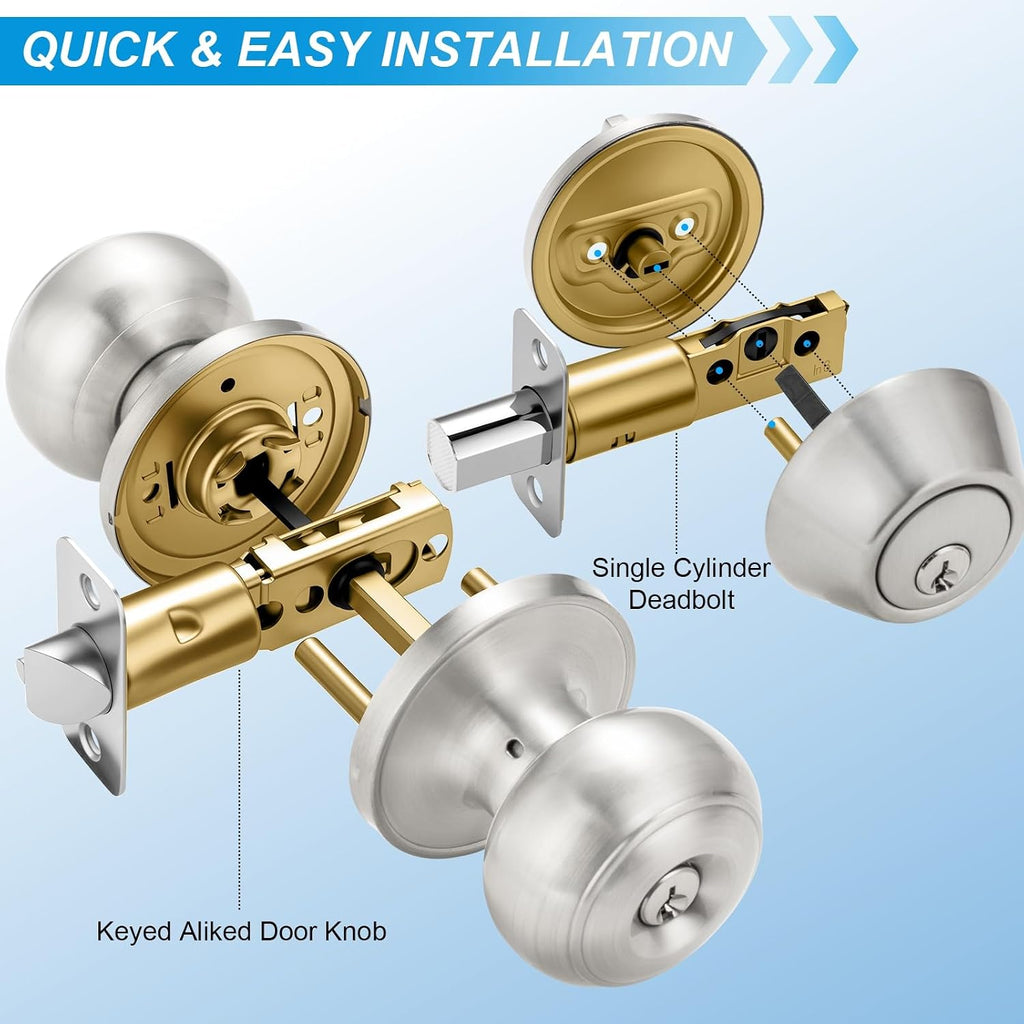 4 Pack Exterior Door Lock Set, Satin Nickel Door Knob and Deadbolt Combo Set, Keyed Alike Entry Door Knobs with