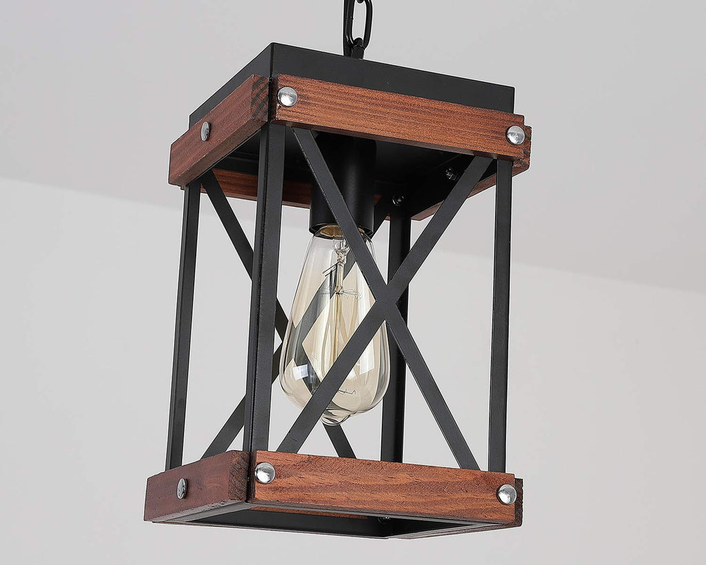 Rustic Farmhouse Plug in Pendant Light with 15ft Cord, On/Off Switch, Wood & Metal Cage Adjustable Chains Industrial