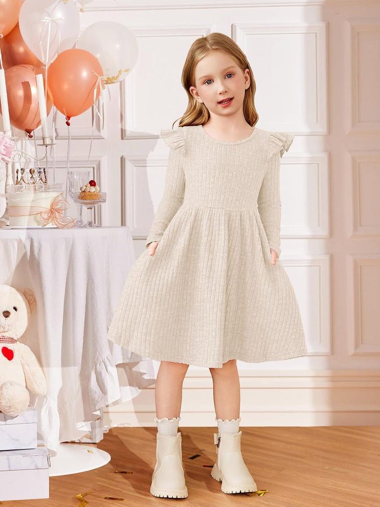Toddler Girl Dress Baby Girls Knitted Ruffle Sleeve Pocket Dresses A-Line Flared Fall Winter Clothes