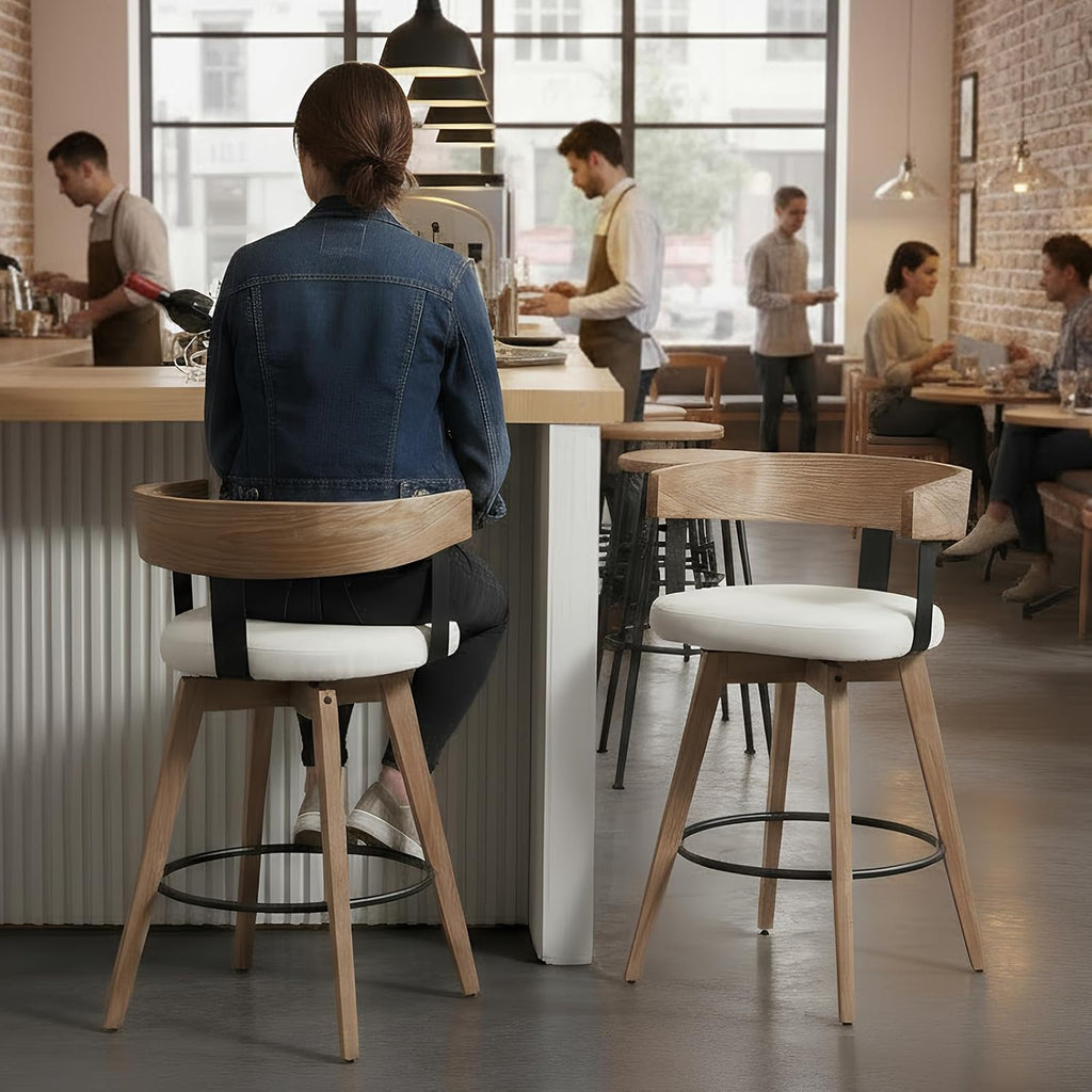 Swivel Bar Stools Set of 2, 26" Counter Height Bar Stool with Footrest Modern Wood Barstools with Linen Upholstered