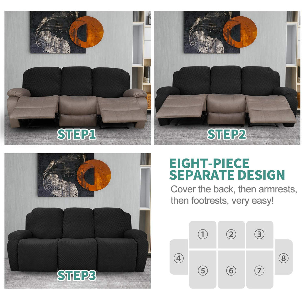 8 Pieces Stretch Recliner Sofa Cover Latest Jacquard Reclining Couch Cover with Side Pocket Anti-Slip Fitted 3