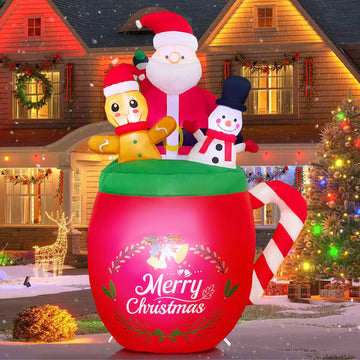 Christmas Inflatables Outdoor Decorations, 6FT Blow Up Christmas Mug Inflatable Snowman Santa Gingerbread Inflatable