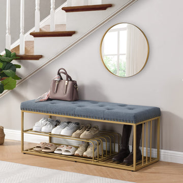 Upholstered Shoe Storage Bench-Nailhead Trim Linen Ottoman Bench with Shoes Rack for End of Bed Entryway Window