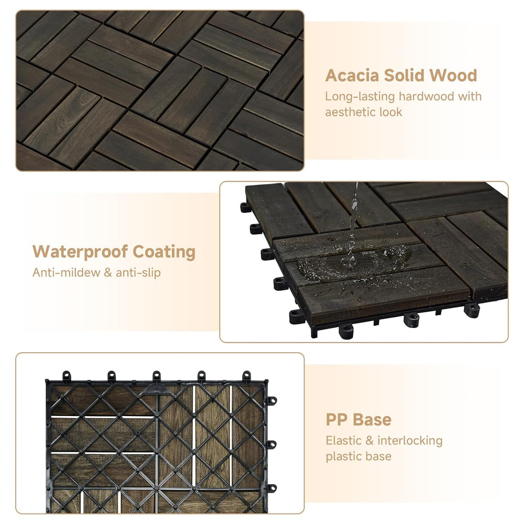 10PCS Deck Tiles, Acacia Wood Interlocking Deck Tiles, Waterproof Decking Tiles for Outdoor Patio Flooring, 12" x 12"