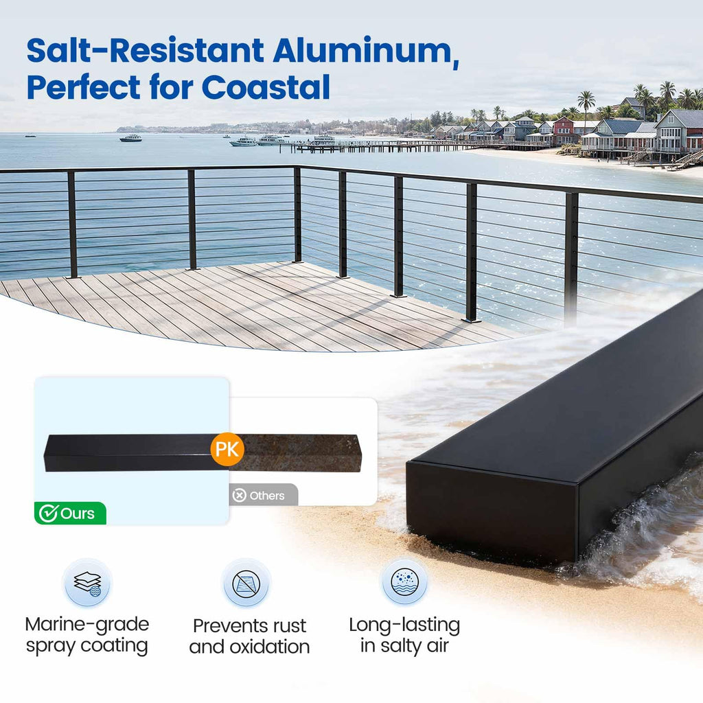 4Pack 4ft Black Aluminum Cable Railing Handrail Rectangular HL10