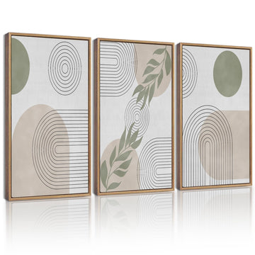 Green Boho Framed Wall Art Modern Botanical Wall Printing Neutral Geometric Prints Bohemain Sage Decor Ready to Hang