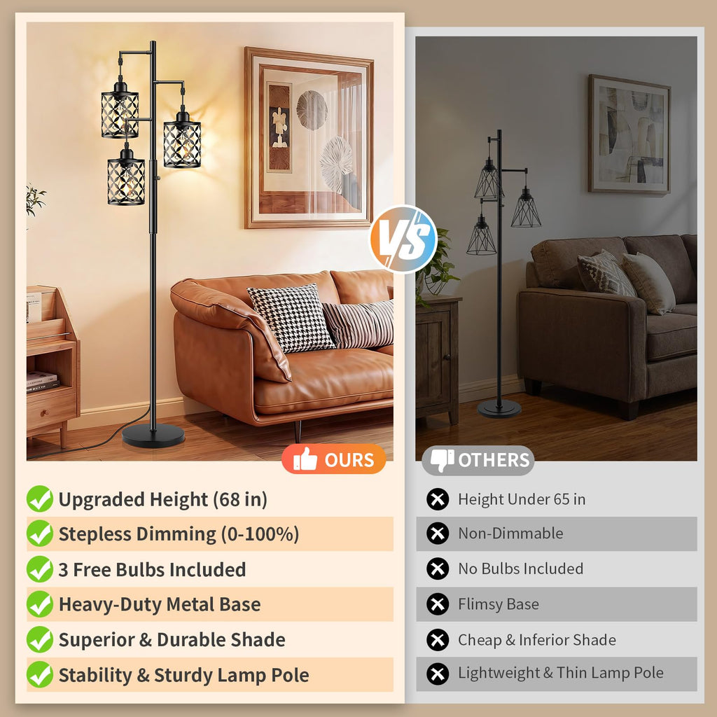 68" Industrial Tree Floor Lamp, Dimmable Farmhouse Tall Standing Lamp with Quatrefoil Cutout Shades & Rotary Dimmer
