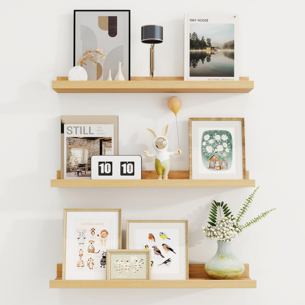 Picture Ledge Shelf, 24 Inch Oak Floating Shelves Set of 3