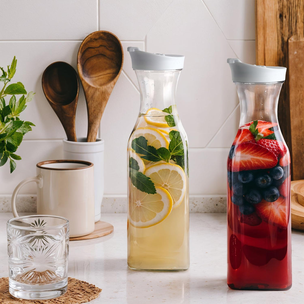 [50 oz - 4 Pack] Plastic Carafe with Lid, Large Capacity Square Base - Clear Pitcher with Flip Top Lid, Easy-Pour