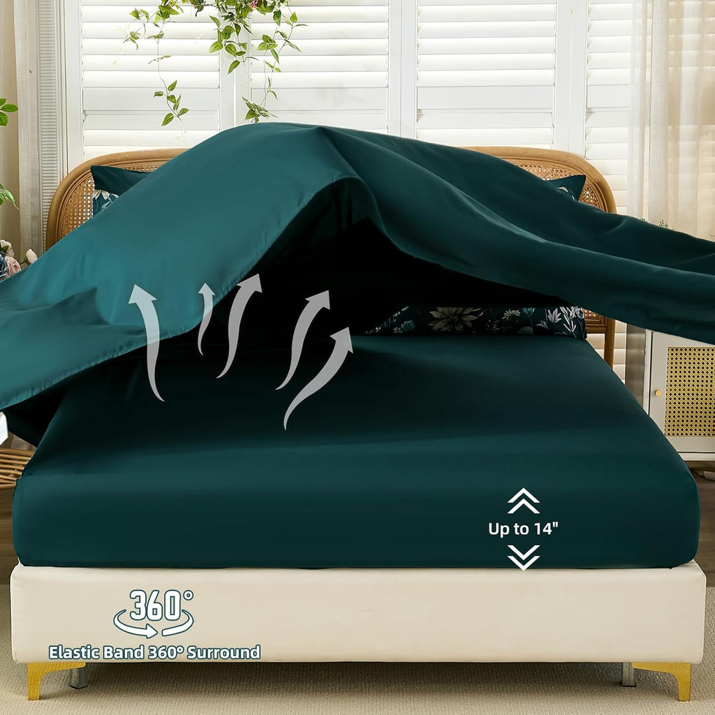 Luxudecor Queen Floral Comforter Set 7 Pieces,Teal Floral Comforter with Sheet Set,Flowers Leaves Pattern Bed in a