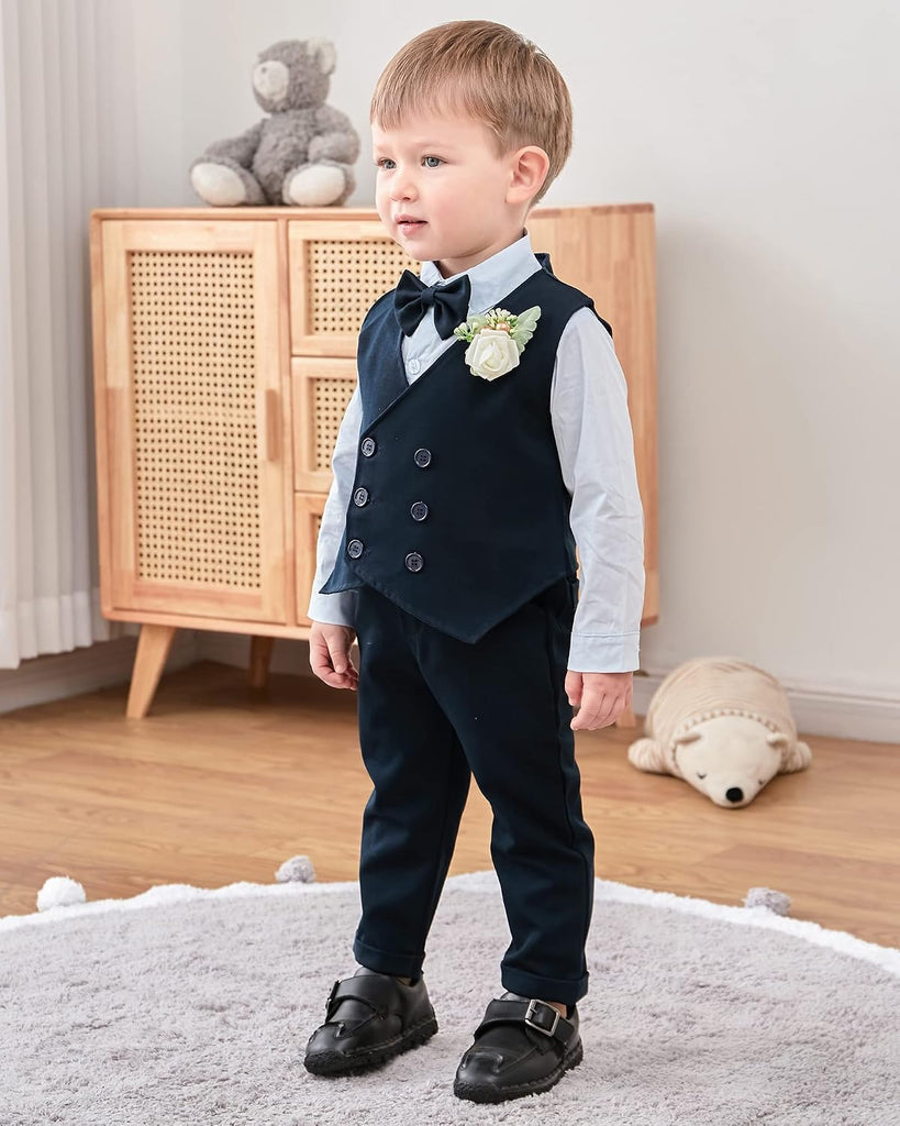 Toddler Baby Boy Clothes Suit Gentleman Wedding Outfits, Formal Dress Shirt+Bowtie+Vest+Boutonniere+Suspender Pants