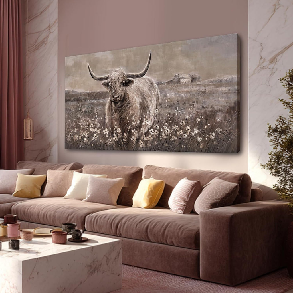 Beige and Brown Highland Cow Canvas Wall Art - Inch Framed Large Painting for Rustic Farmhouse Living Room