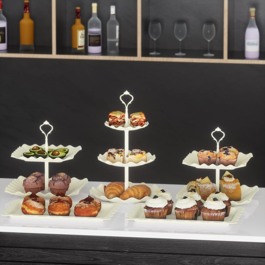 Cake Stand Set with 3 x Two-Tier and 3 x Three-Tier Cupcake Stands, Plastic Dessert Table Stand Set 3 Tired - Set of 10