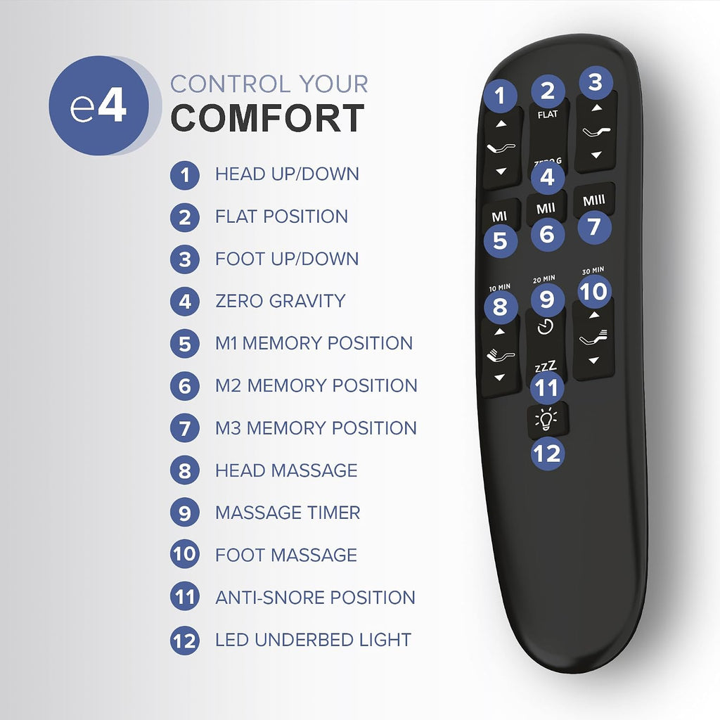 E4 King Adjustable Bed Frame with Massage, Anti-Snore, Zero Gravity, USB Charging, Under Bed Lights, Wireless Remote