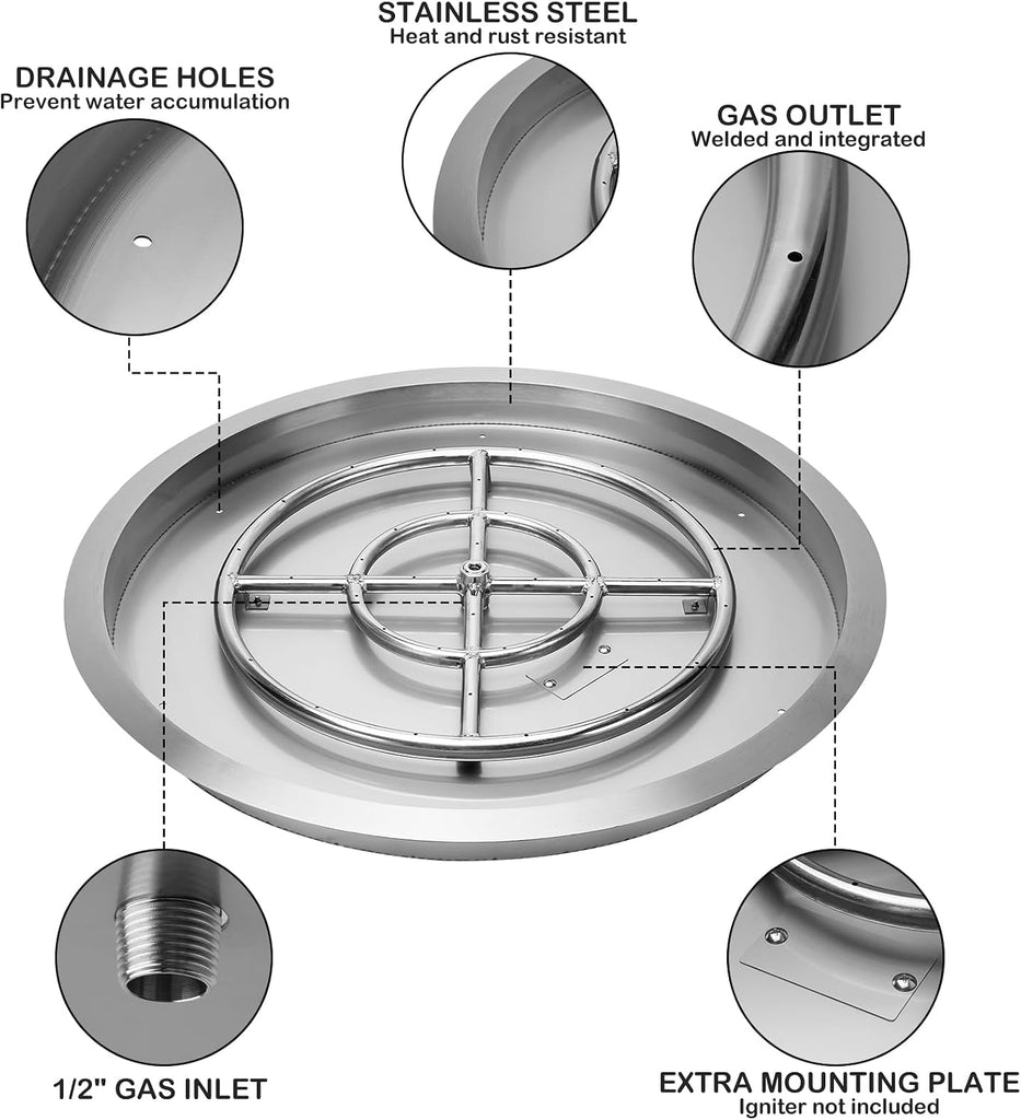19 Inch Drop-in Round Fire Pit Kit with Spark Ignition Kit, Propane Gas Version, 304 Stainless Steel