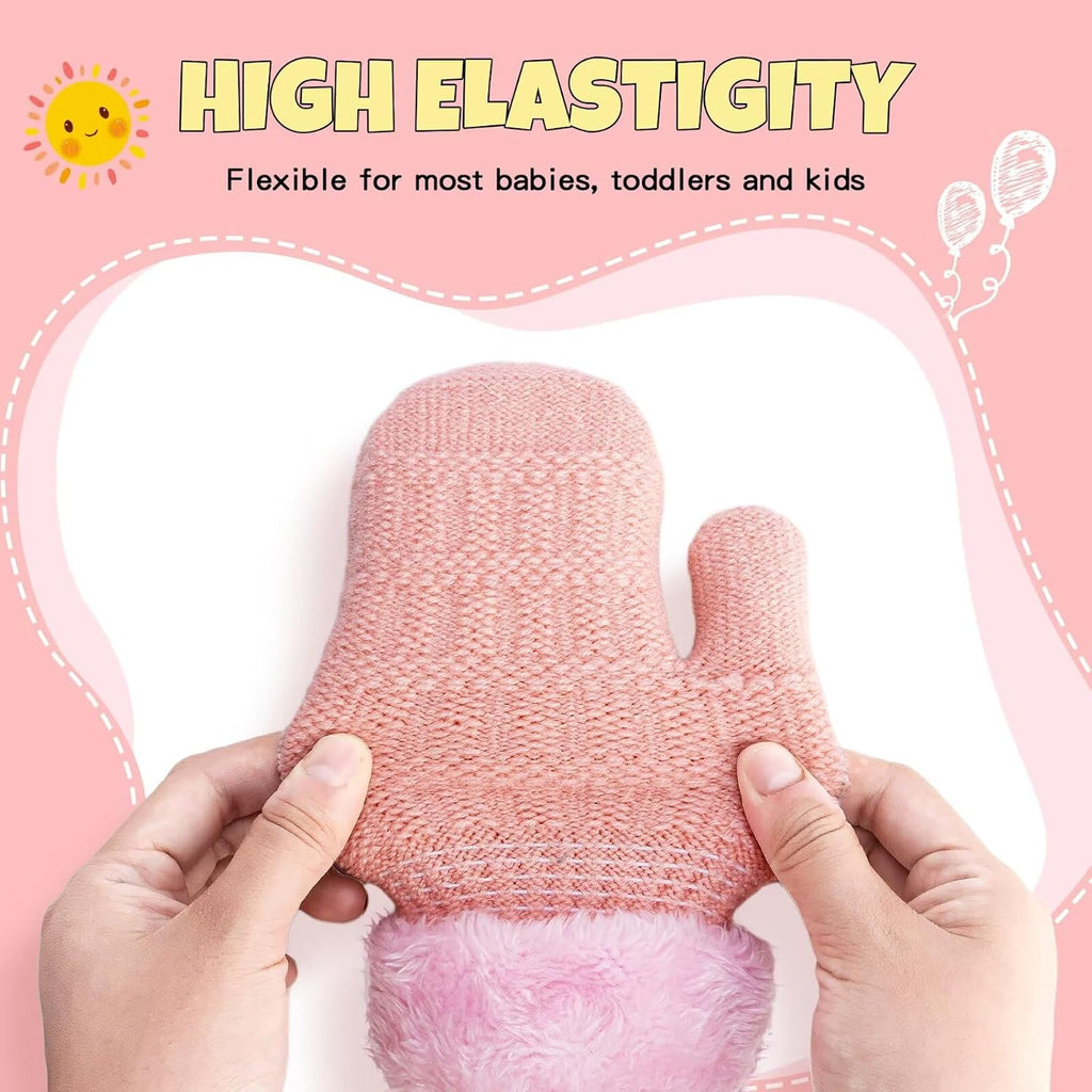 Winter Mittens Gloves Beanie Hat Set for Kids Baby Toddler Children, Thick Warm Knit Fleece Lined Thermal Set