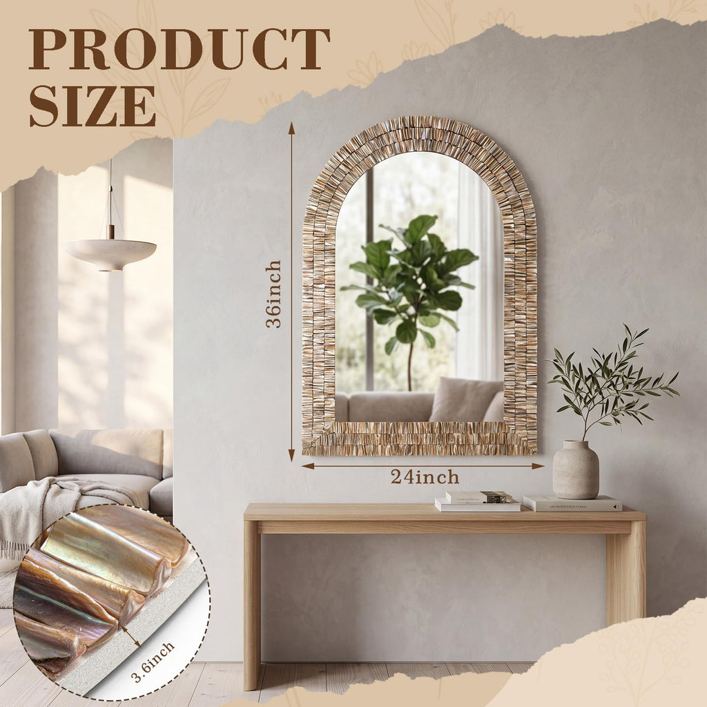 Large 36" x 24" Capiz Shell Mirror Arched Coastal Seashell Wall Decor