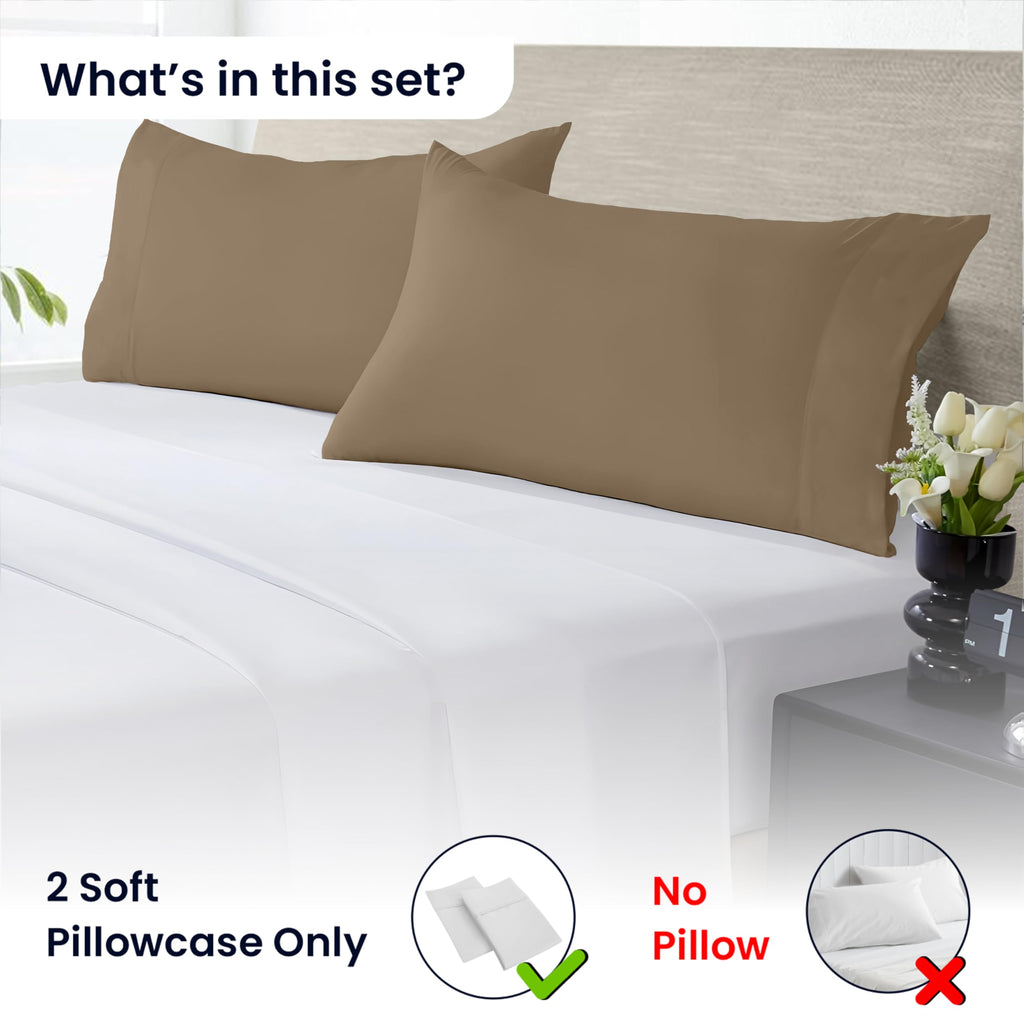 Queen Size Pillow Cases Set of 2, 600 Thread Count 100% Egyptian Cotton Taupe Pillow Covers, Soft Hotel Quality, Open