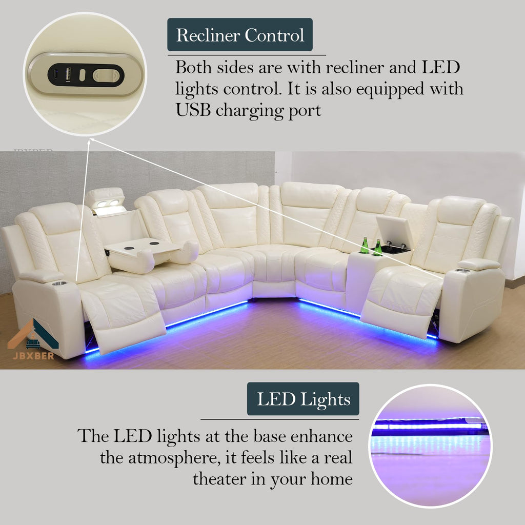 Power Recliner Sectional Sofa Set, Creamy Leather Sectional Couch, L Shape Reclining Sofa with Cup Holder, Hidden