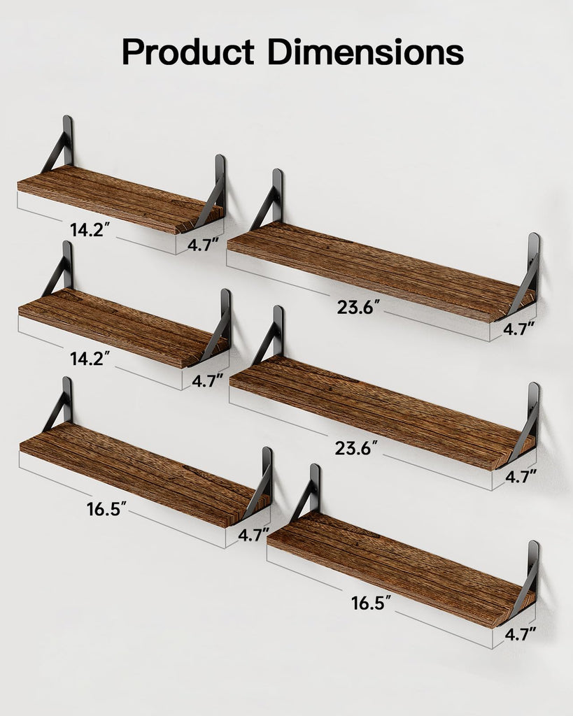 Solid Paulownia Wood Wall Shelves, Large Size, 6 Pcs, Brown