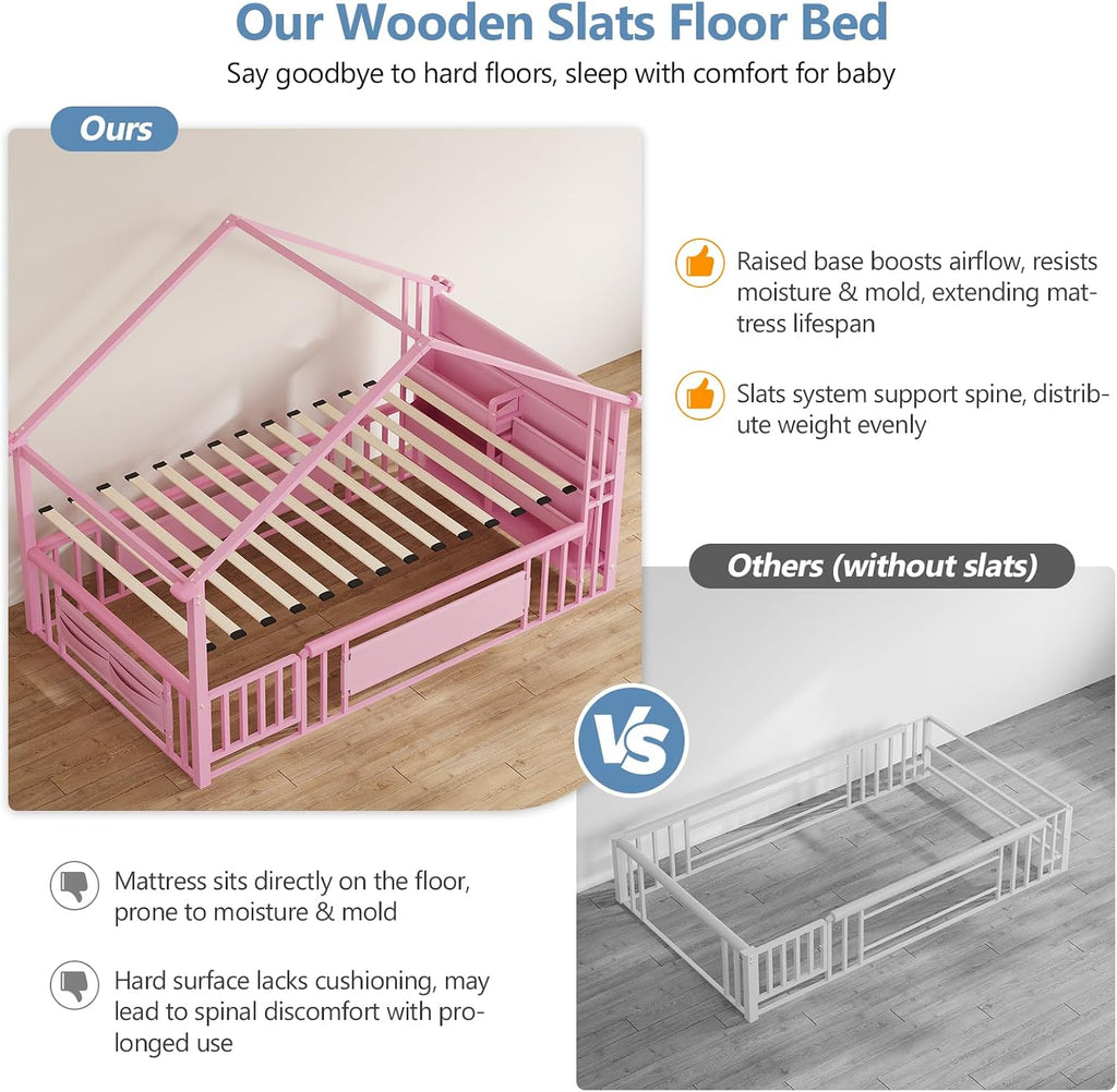 Floor Bed with Storage Bookshelf and Globe String Lights House Montessori Floor Bed for Girls with Safety