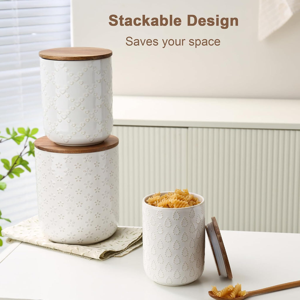Canisters Sets for the Kitchen, White Ceramic Canister Set with Airtight Wood Lids, Embossed Food Storage Jars - Set of 3