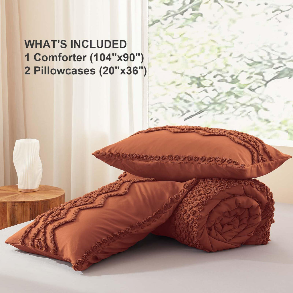 Terracotta Tufted Comforter Set, 3 Pieces King Boho Bedding Set