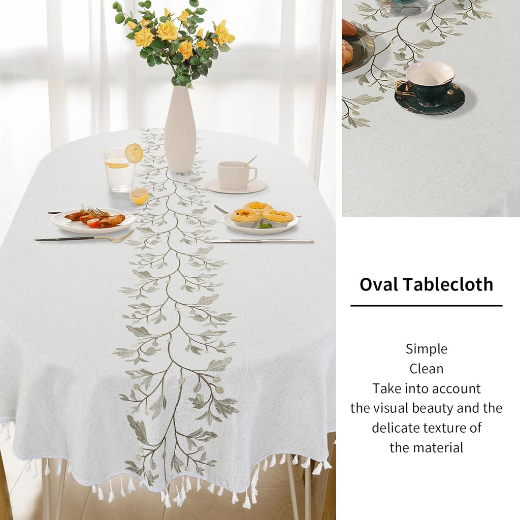 Solid Embroidery Oval Tablecloth with Tassels for Oval Table, 52 x 70 Inch Lace Dust-Proof Table Cov