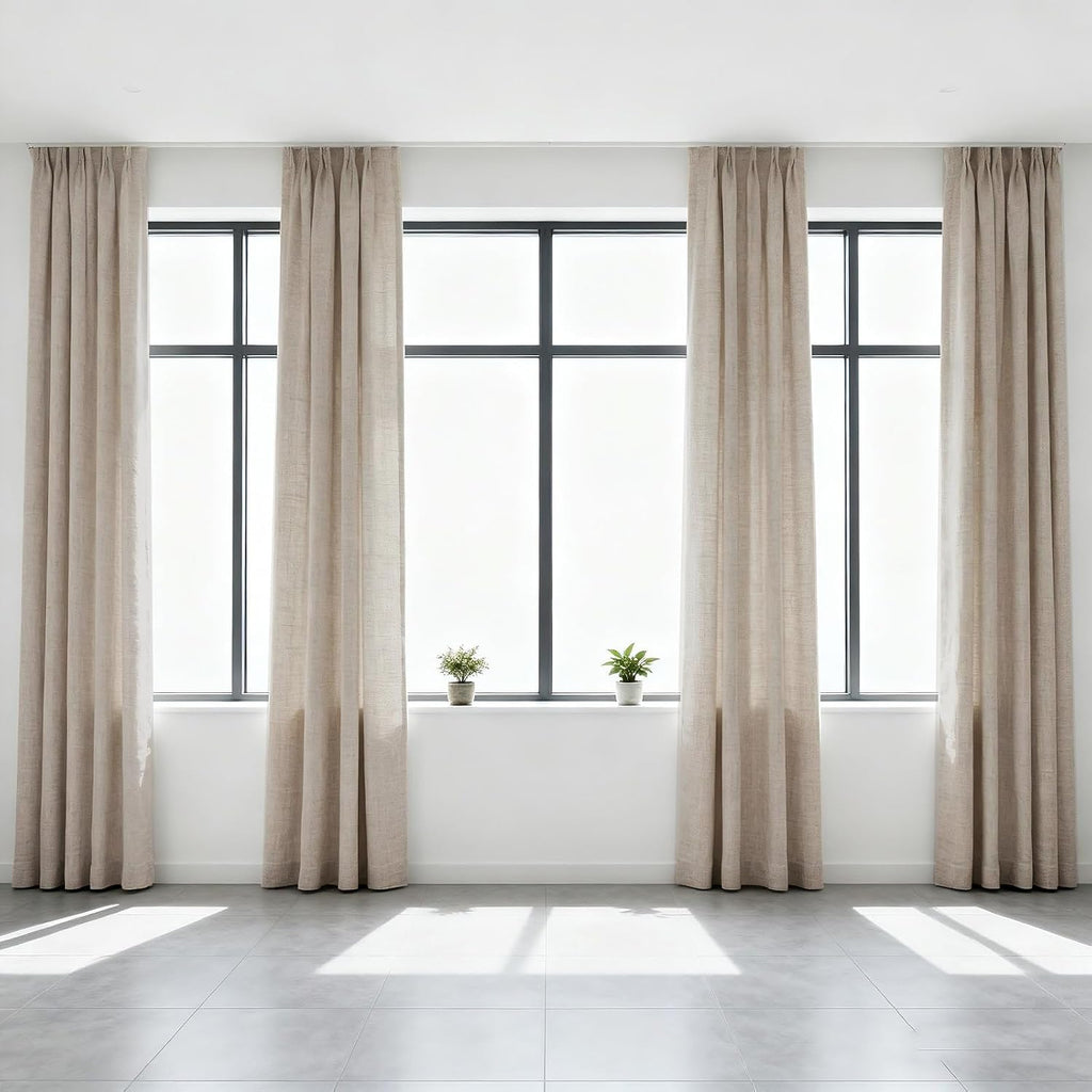 Taupe Flax Linen Pinch Pleat Curtains Drapes 102 Inches Long 2 Panel Thick | Semi Sheers Light Filtering Curtain