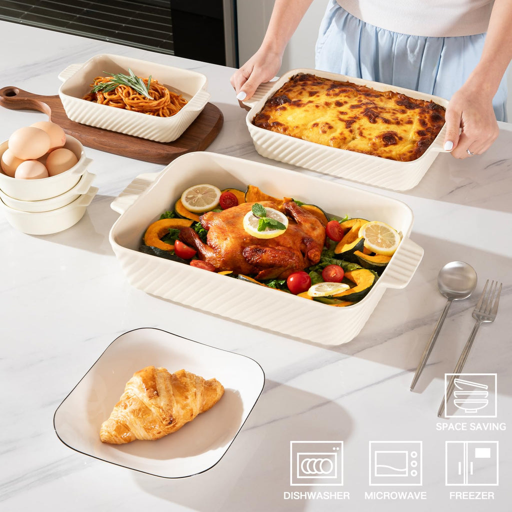 Ceramic Baking Dish Set, Cake Baking Dish for Brownie, Porcelain Striped Casserole Dishes for Oven with Handle for