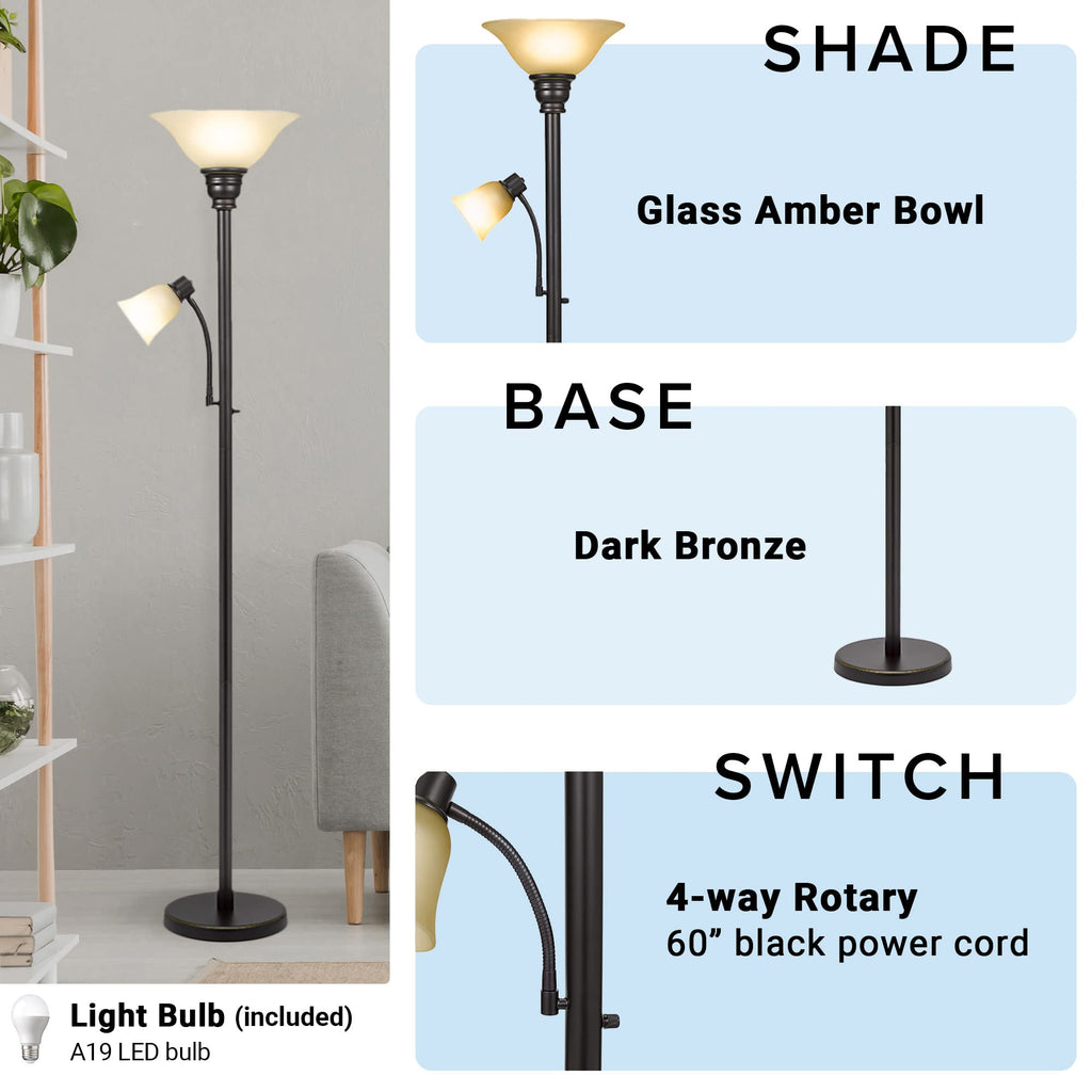 Transitional Uplight Floor Lamp with Reading Light, Standing Lamp, Living Room Light, LED Bulb NOT Included,71", Dark