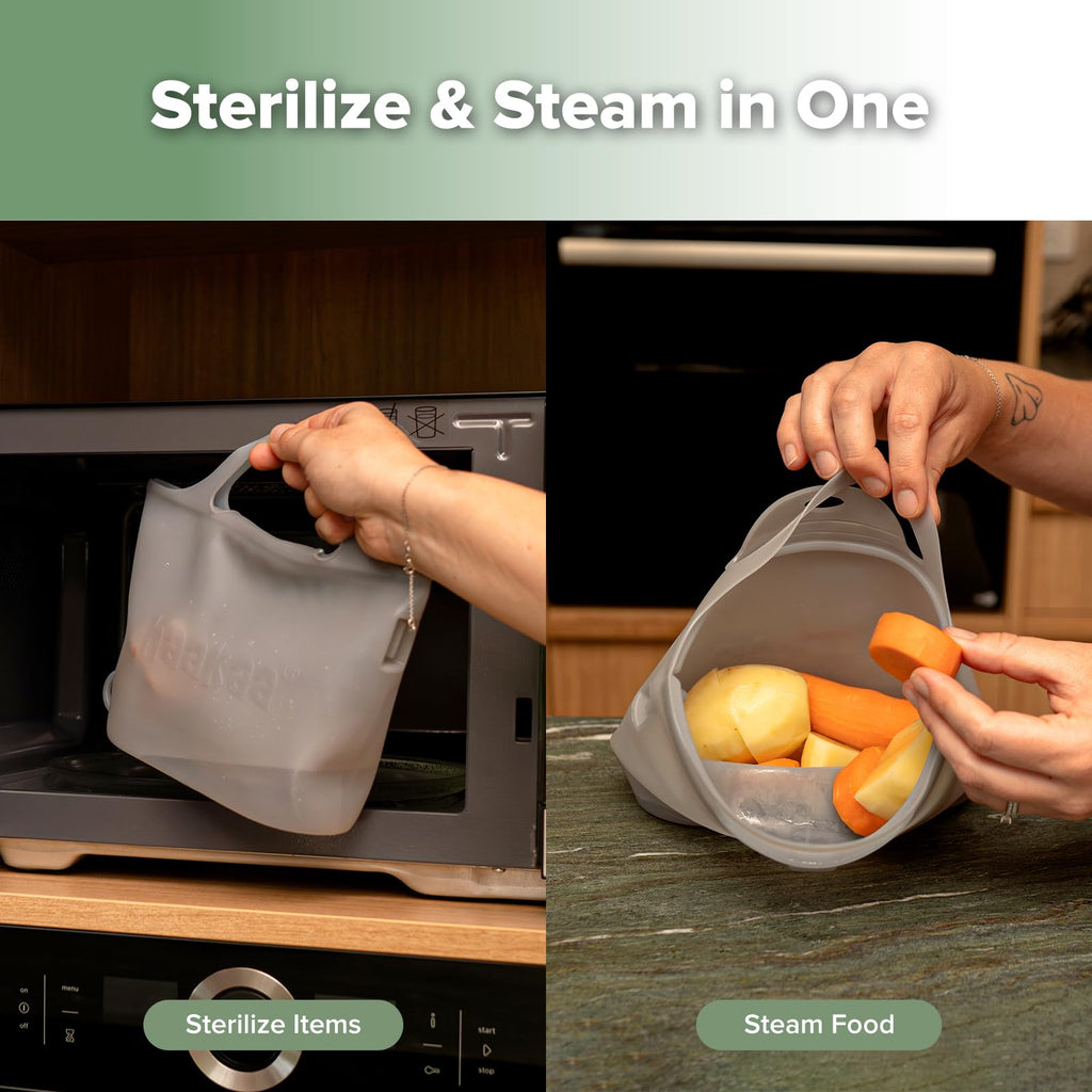 On-The-Go Silicone Microwave Steam Sterilizer Bags for Travel, 40oz/1250ml Reusable Silicone Steaming Bags for Baby