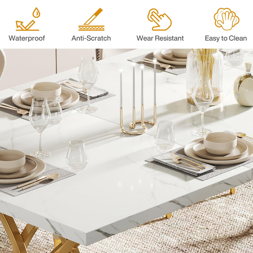 63" Dining Table for 4 to 6, White and Gold Kitchen Table