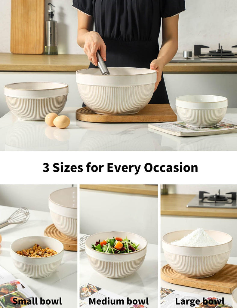 Large Ceramic Mixing Bowls, Glazed White Kitchen Bowl (10"/8"/6"), Set of 3 Nesting Bowls for Baking, Cooking
