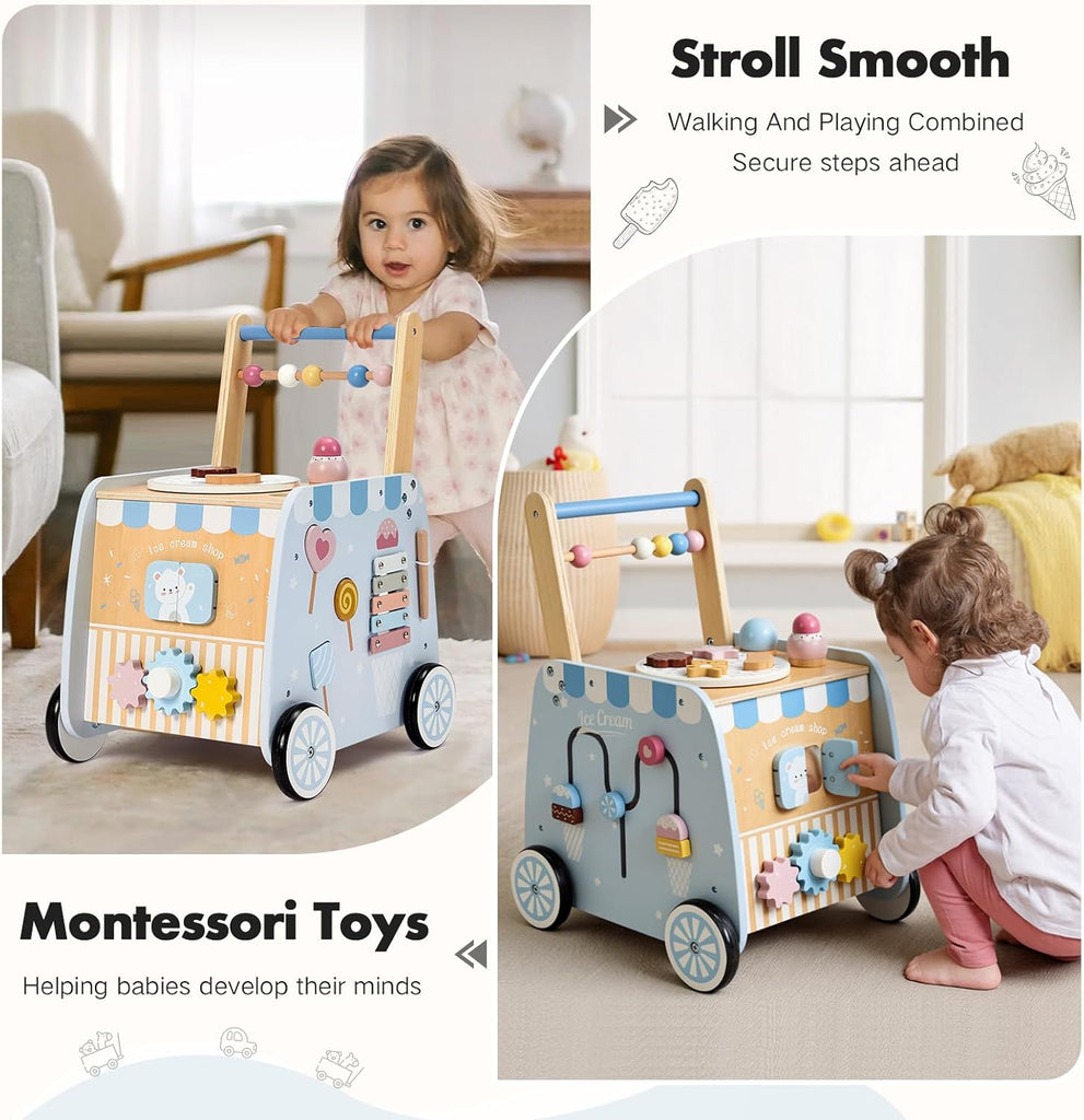 Wooden Baby Walker, Multifunctional Ice Cream Cart, Push Walker with Wheels