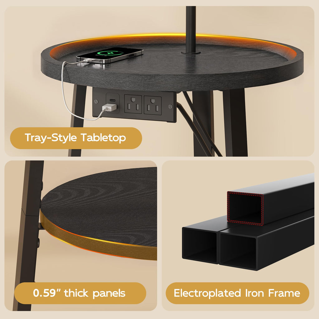Floor Lamp with Table, Round Side Table with Charging Station Black