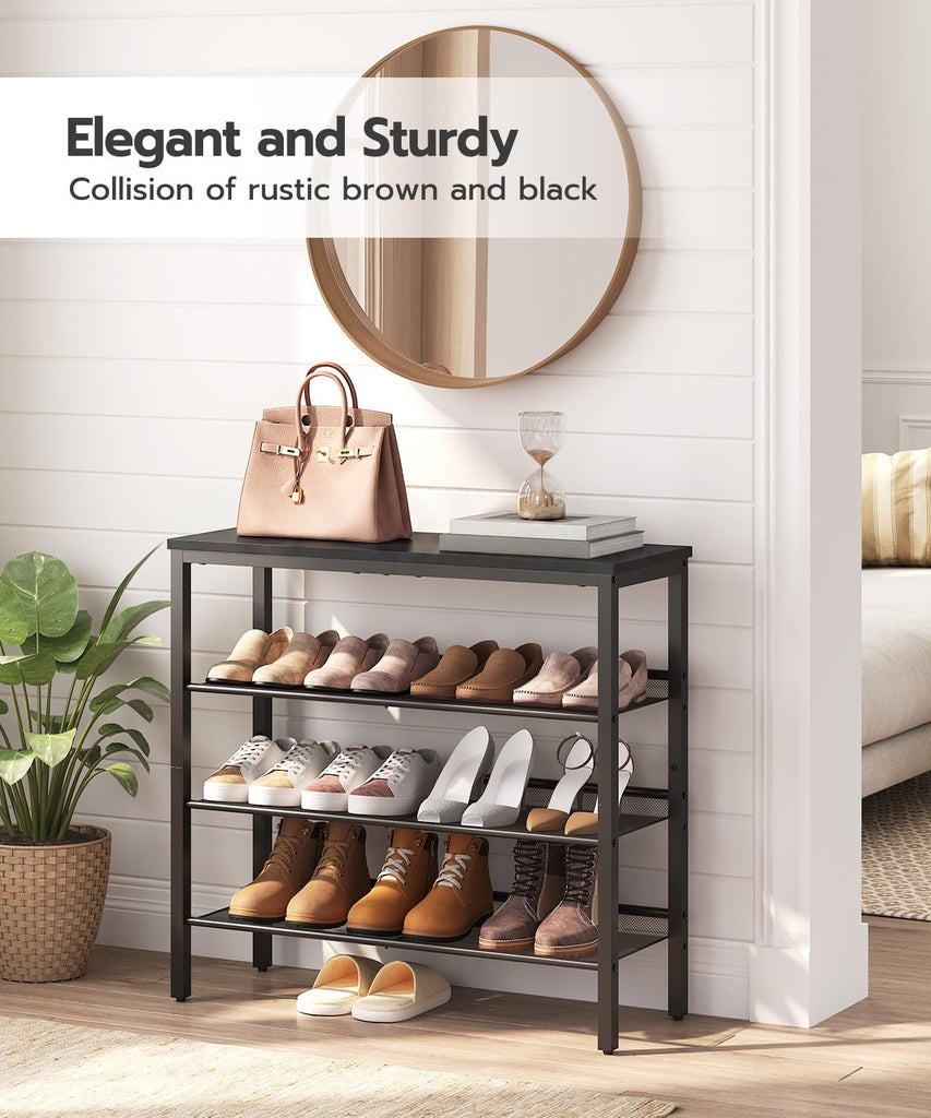 Shoe Rack, 4-Tier Shoe Organizer with Adjustable Mesh Shelves, 12-16 Pairs of Shoes, Spacious Floor Mount, Metal