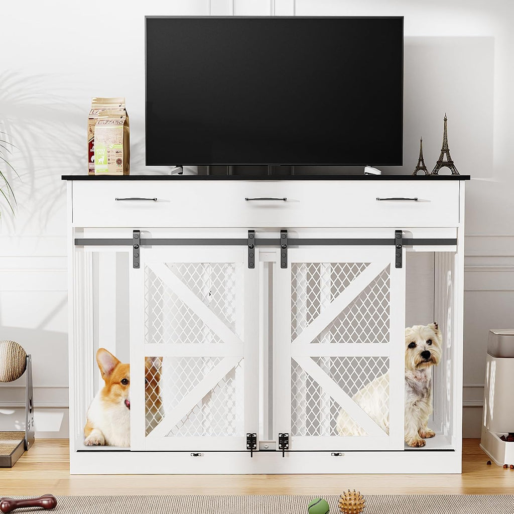 Dog Crate Furniture with Sliding Barn Door & 3 Storage Drawers