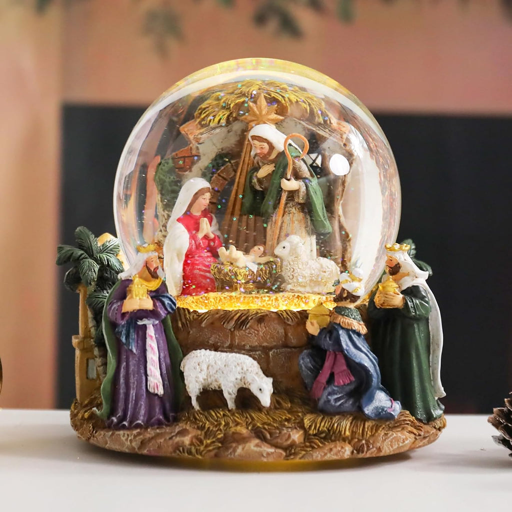 Christmas Snow Globes, Nativity Scene Snow Globes with Musical Battery Operated LED Lights Glittering Water Globe