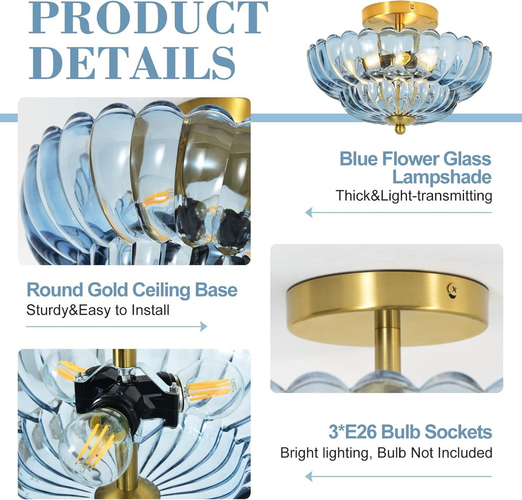 3-Light 12 Inch Blue Semi Flush Mount Ceiling Light | Modern Flush Mount Ceiling Light with Flower Glass Shade