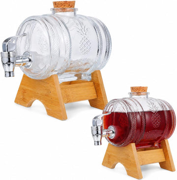 Vintage Wine Barrel Beverage Dispenser with Rack and Faucet Glass Wine Barrel for Serving Brandy Whisky Vodka Rum at