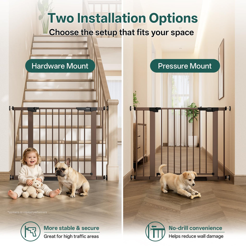 29.6-39.1 in Wide Baby Gate for Stairs and Doorways, Brown