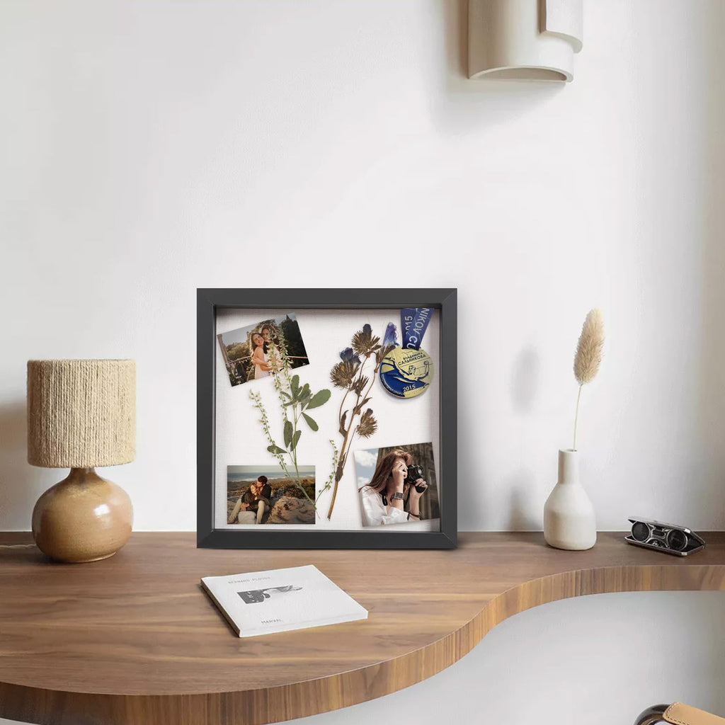 12x12 Shadow Box Frame with Linen Backboard & Real Glass, Wood Display Case, Deep Showcase to Hang The Photos