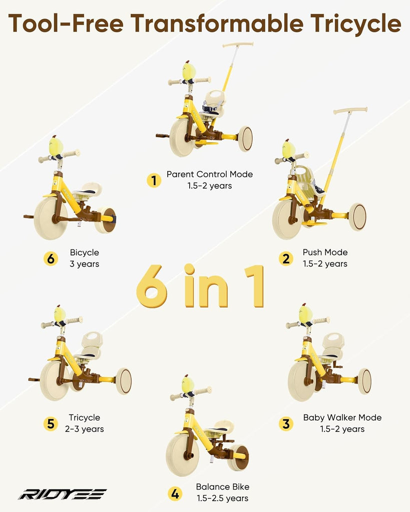 In-1 Toddler Tricycle Ages 1.5-5, Parent Steering Trike